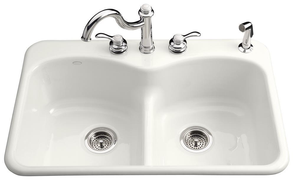 KOHLER White 33 x 22 in. 4 Hole Cast Iron Double Bowl Drop-in Kitchen Sink 
