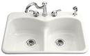 KOHLER White 33 x 22 in. 4 Hole Cast Iron Double Bowl Drop-in Kitchen Sink 