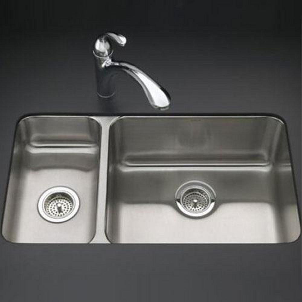 KOHLER Stainless Steel 31-1/2 x 18 in. No Hole Double Bowl Undermount Kitchen Sink 