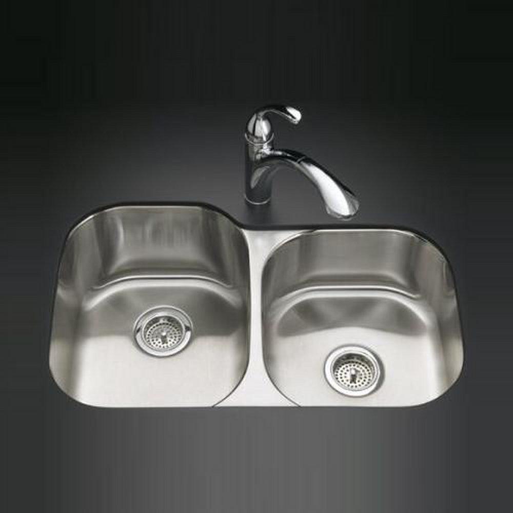 KOHLER Stainless Steel 31 x 20-1/8 in. No Hole Double Bowl Undermount Kitchen Sink 