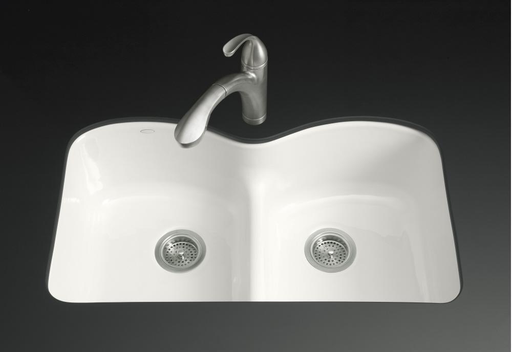 KOHLER White 33 x 22 in. 5 Hole Cast Iron Double Bowl Undermount Kitchen Sink 