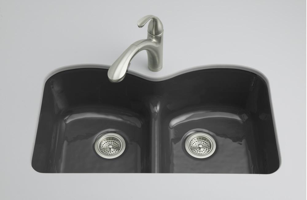 KOHLER Black Black&trade; 33 x 22 in. 5 Hole Cast Iron Double Bowl Undermount Kitchen Sink 