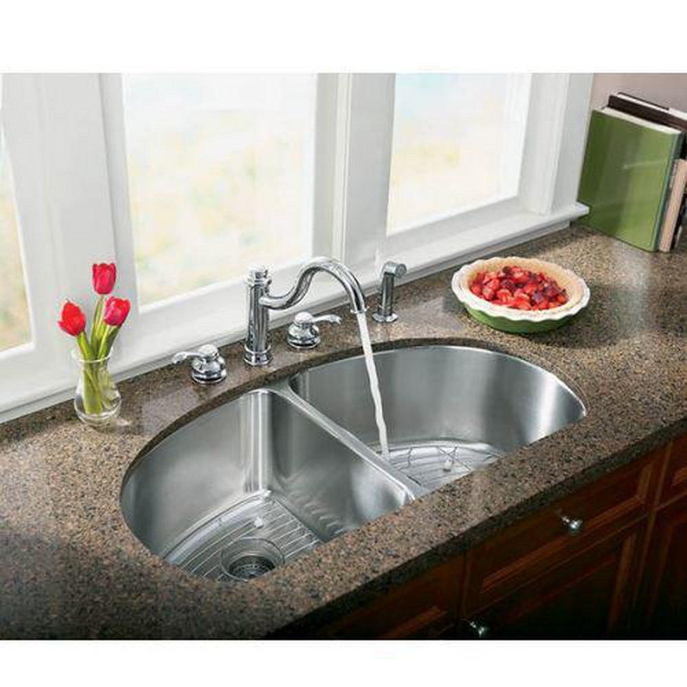 KOHLER Vibrant&reg; Brushed Nickel 1.8 gpm 4-Hole Double Lever Handle Deckmount Kitchen Sink Faucet Swing Spout 3/8 in. OD Connection 