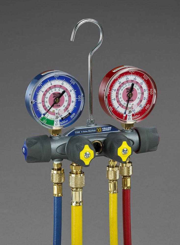 YELLOW JACKET&reg; Red 4-Valve Test and Charging Manifold 
