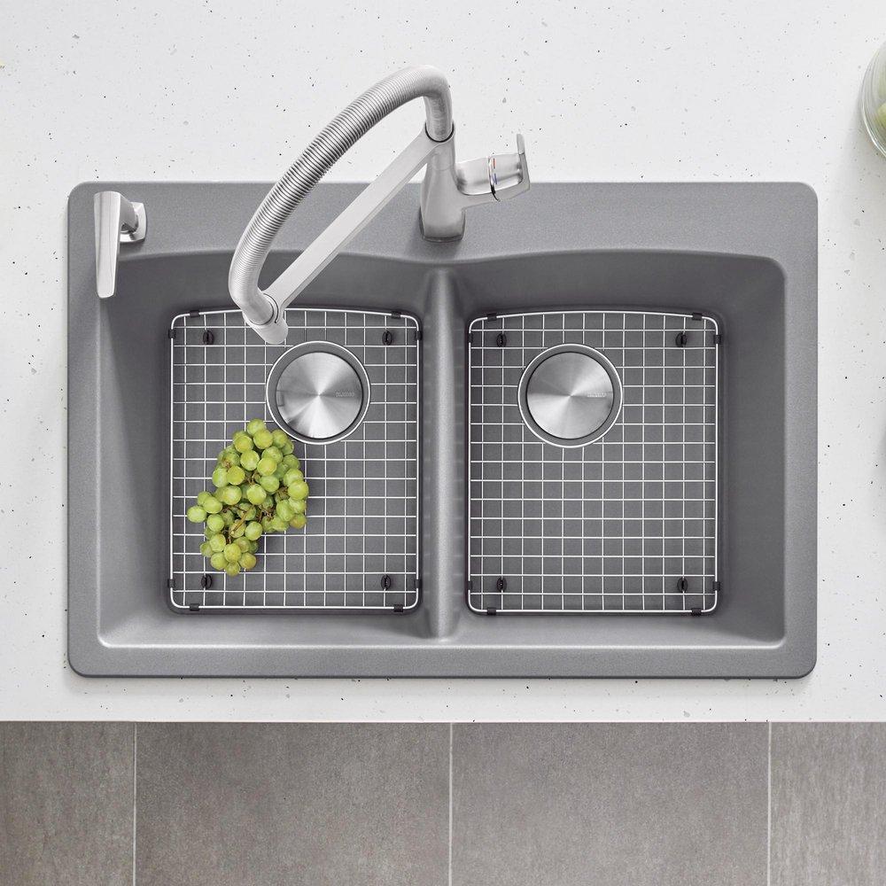 BLANCO Metallic Grey 33 x 22 in. 1 Hole Composite Double Bowl Dual Mount Kitchen Sink 