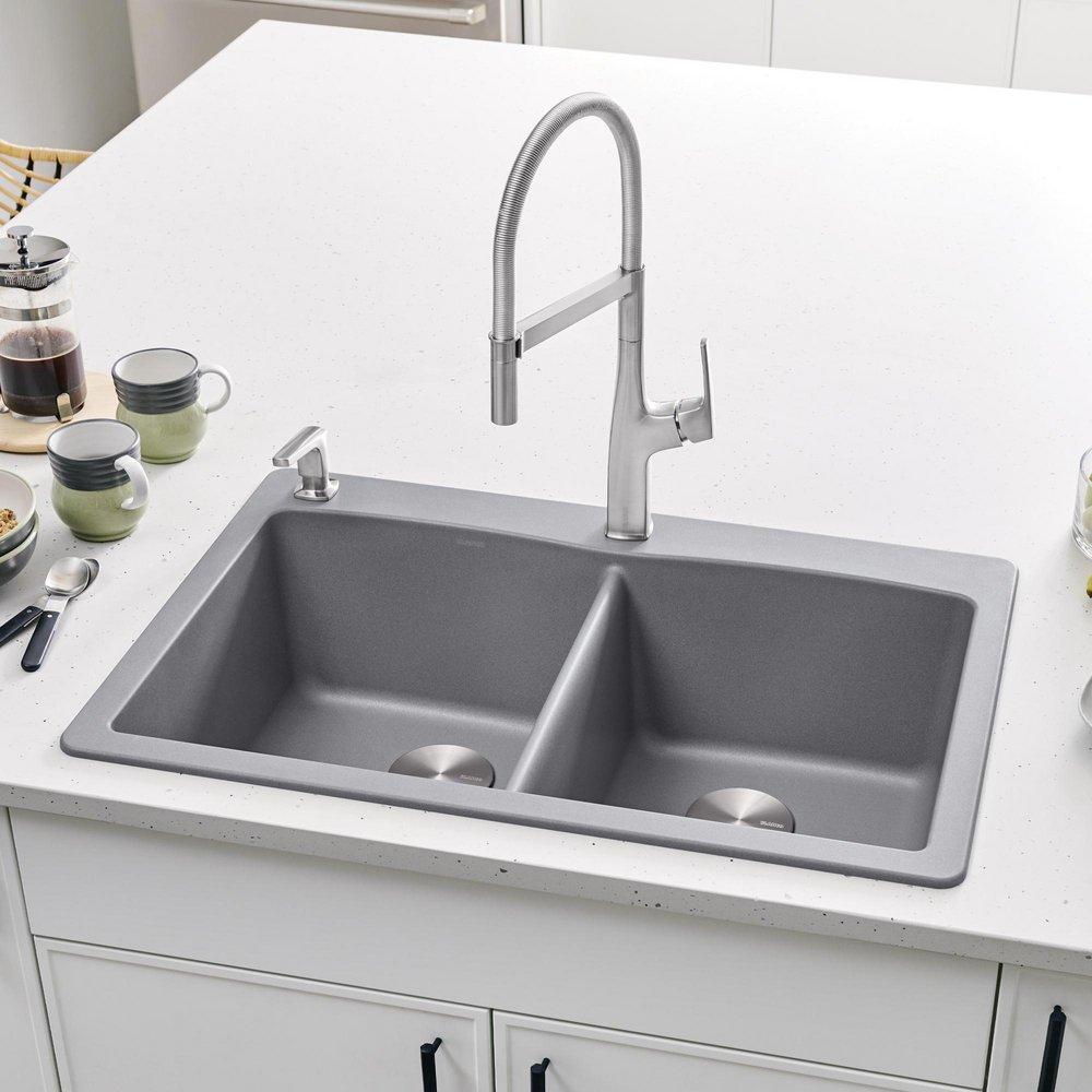BLANCO Metallic Grey 33 x 22 in. 1 Hole Composite Double Bowl Dual Mount Kitchen Sink 