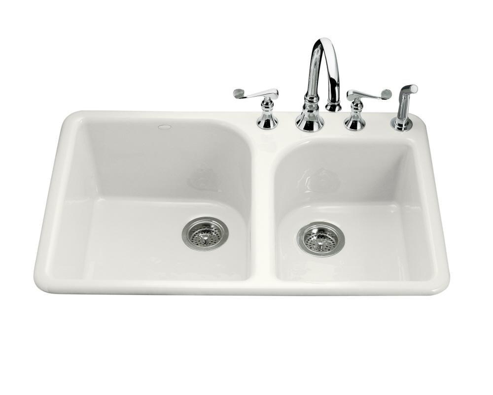 KOHLER White 33 x 22 in. 4 Hole Cast Iron Double Bowl Drop-in Kitchen Sink 