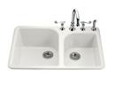 KOHLER White 33 x 22 in. 4 Hole Cast Iron Double Bowl Drop-in Kitchen Sink 