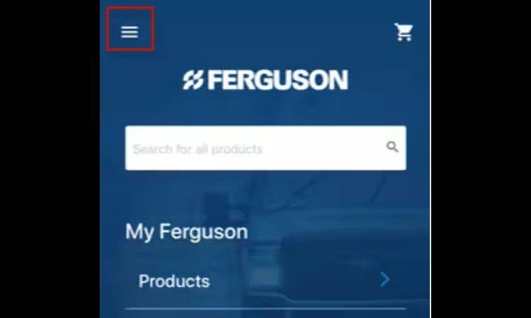Ferguson app home screen with the hamburger menu at the top left outlined in red.