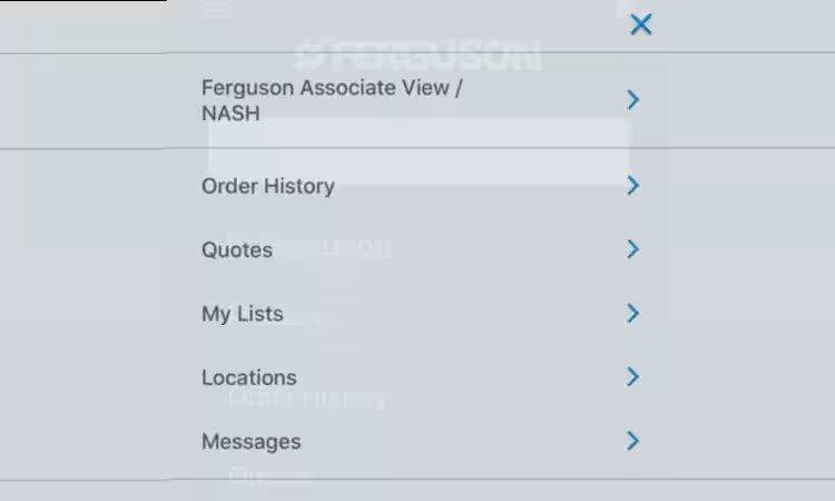 Screenshot showing app features with a Ferguson associate view at the top and a list of features underneath.