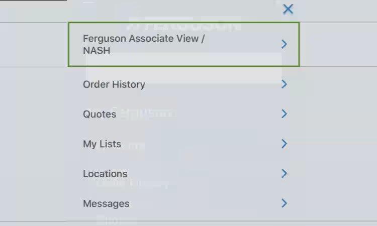 Screenshot showing app features with Ferguson associate view outlined in green.