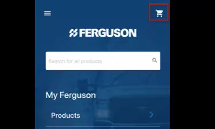 Ferguson app home screen with the shopping cart at the top right outlined in red.