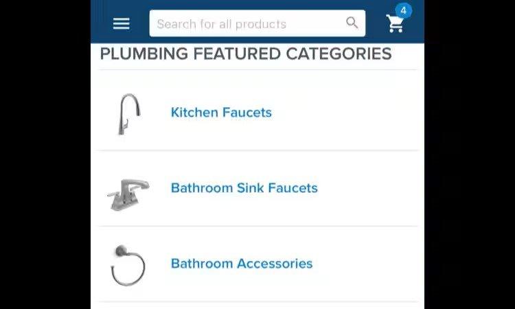 Ferguson app products screen showing plumbing featured categories.