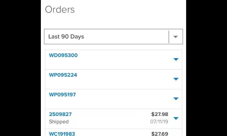Ferguson app orders screen showing a user’s orders for the last 90 days.