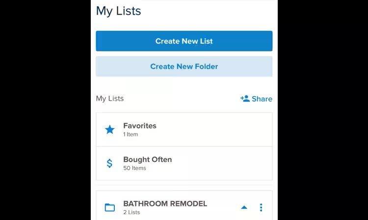 Ferguson app My Lists screen showing Favorites, Bought Often, and a Bathroom Remodel project with two lists.