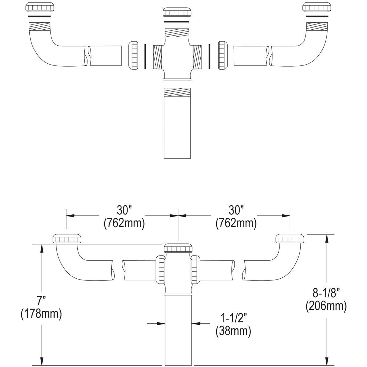 Elkay Chrome 30 in. Waste Drain Connection for 3-Compartment Sink with Center Outlet in Polished Chrome 