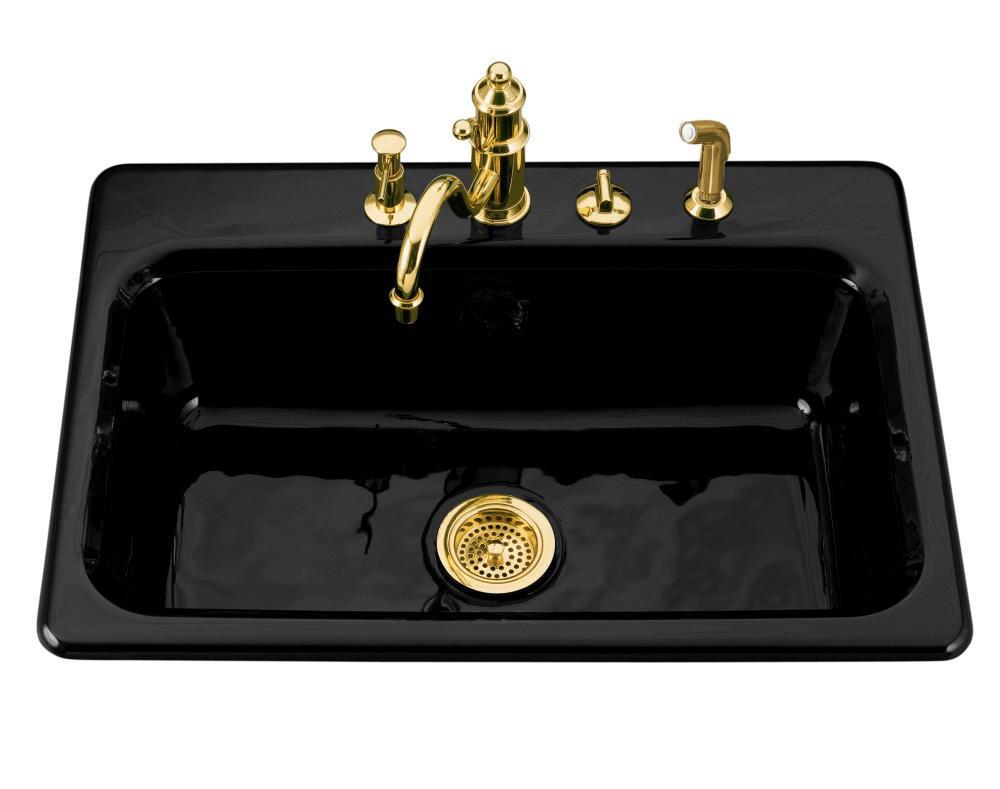 KOHLER Black Black&trade; 31 x 22 in. 4 Hole Cast Iron Single Bowl Drop-in Kitchen Sink 