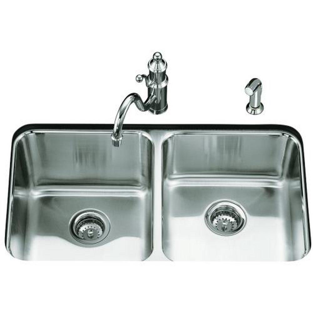 KOHLER Stainless Steel 31-1/2 x 18 in. No Hole Stainless Steel Double Bowl Undermount Kitchen Sink 