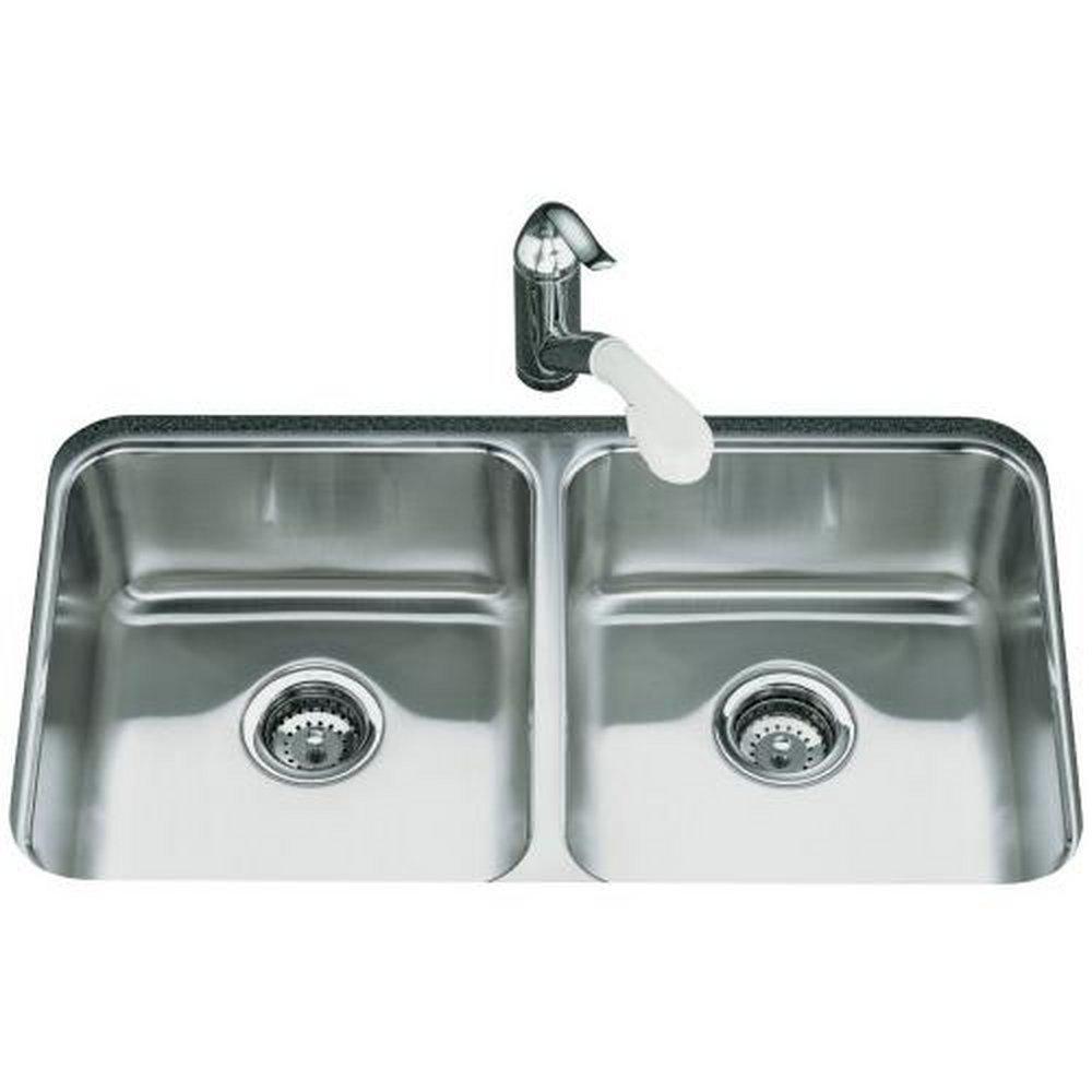 KOHLER Stainless Steel 31-1/2 x 18 in. No Hole Double Bowl Undermount Kitchen Sink 