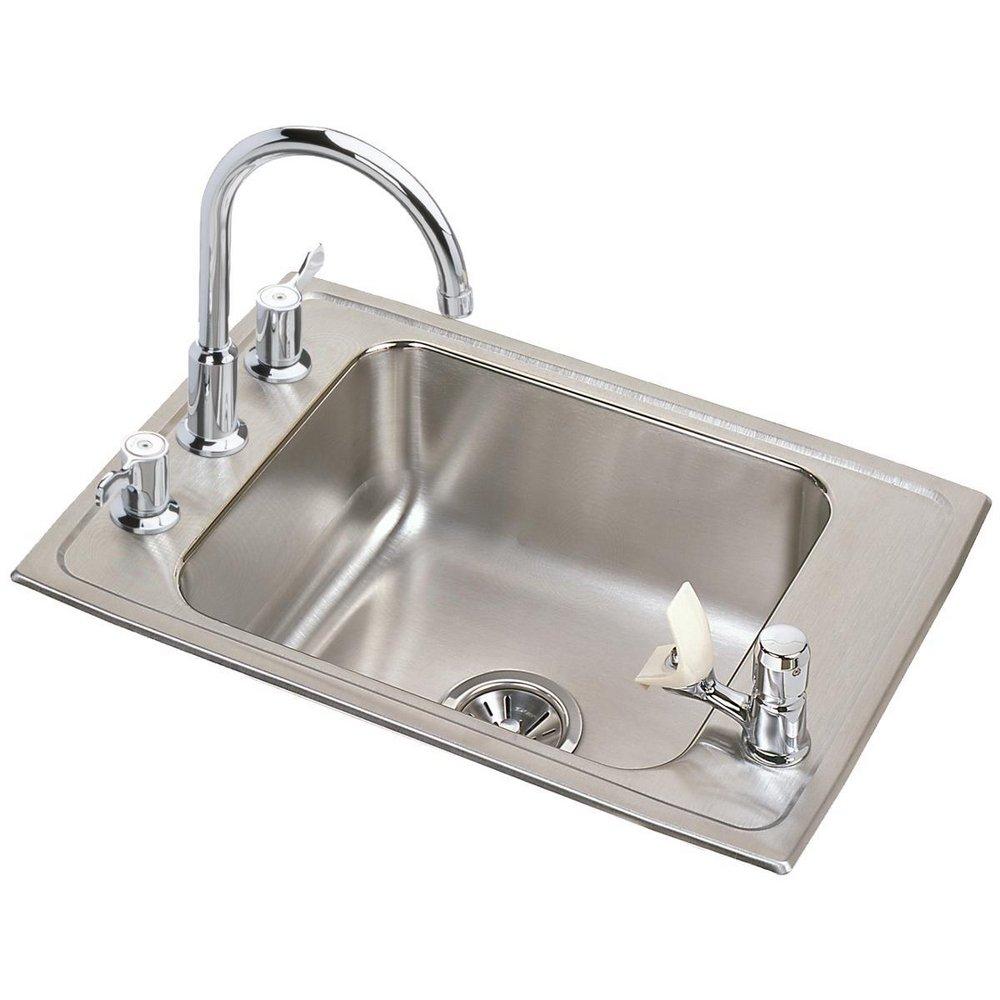 Elkay Lustrous Satin 31 x 19-1/2 in. 4-Hole 1-Bowl 304 Stainless Steel Top Mount and Drop-In Classroom Sink Package 