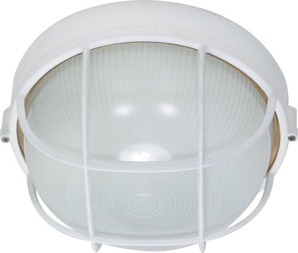NUVO Semi Gloss White 60W 1-Light Round Caged Die-Cast Bulkhead Light with Glass Lens 