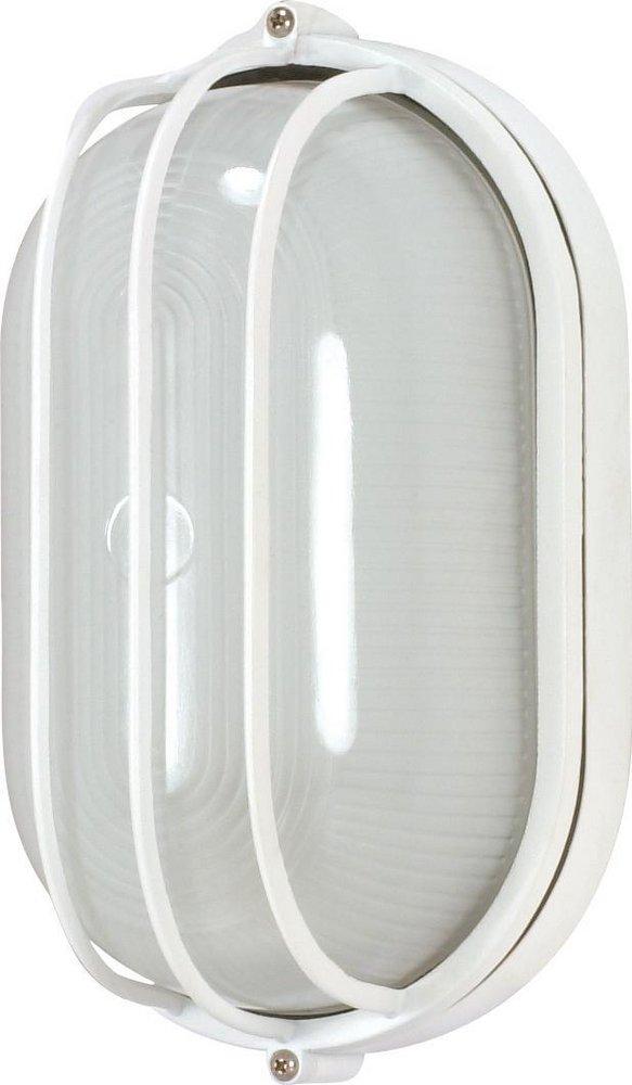 NUVO Semi Gloss White 60W 1-Light Oval Caged Die Cast Bulkhead Light with Glass Lens 