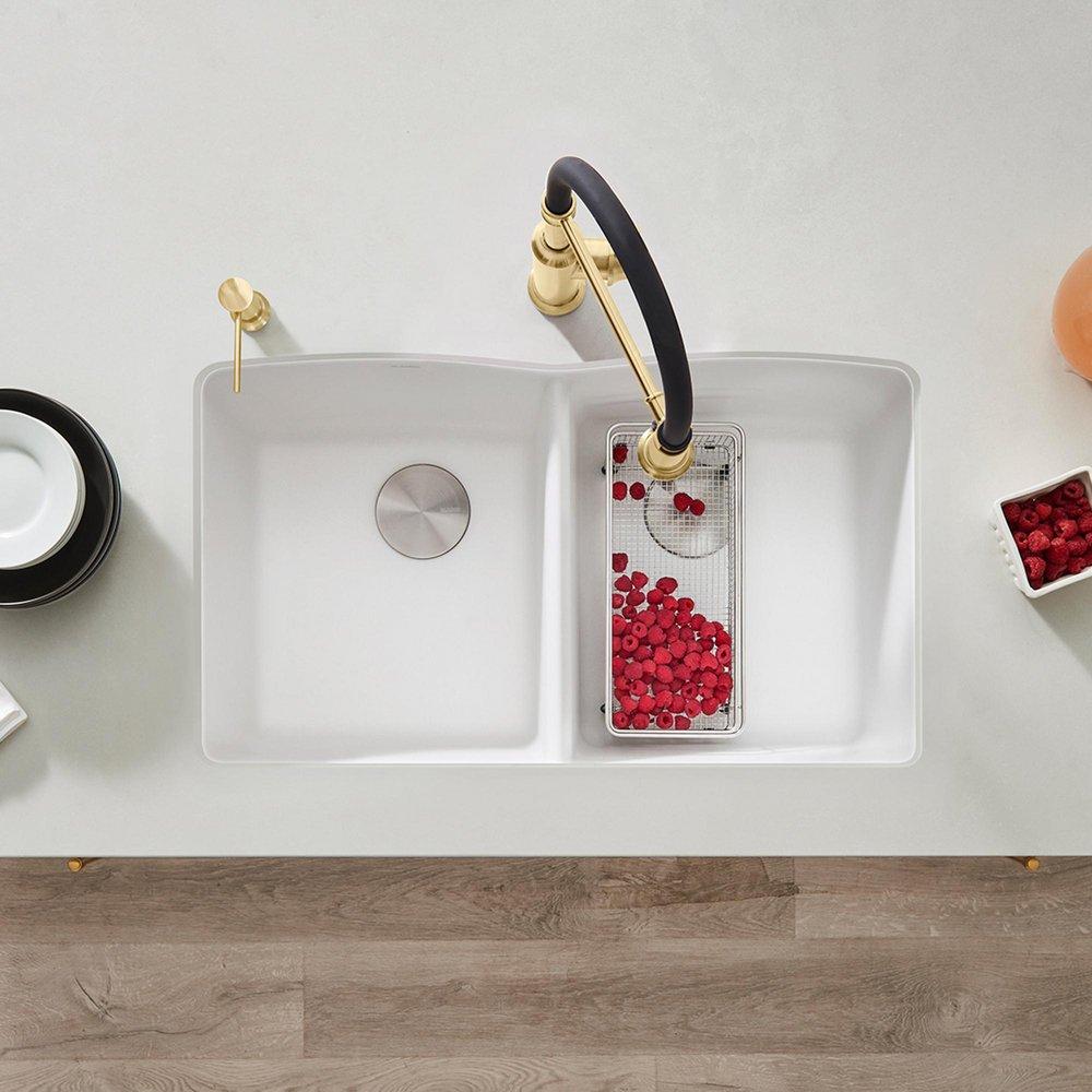 BLANCO White 32 x 19-1/4 in. No Hole Composite Double Bowl Undermount Kitchen Sink 