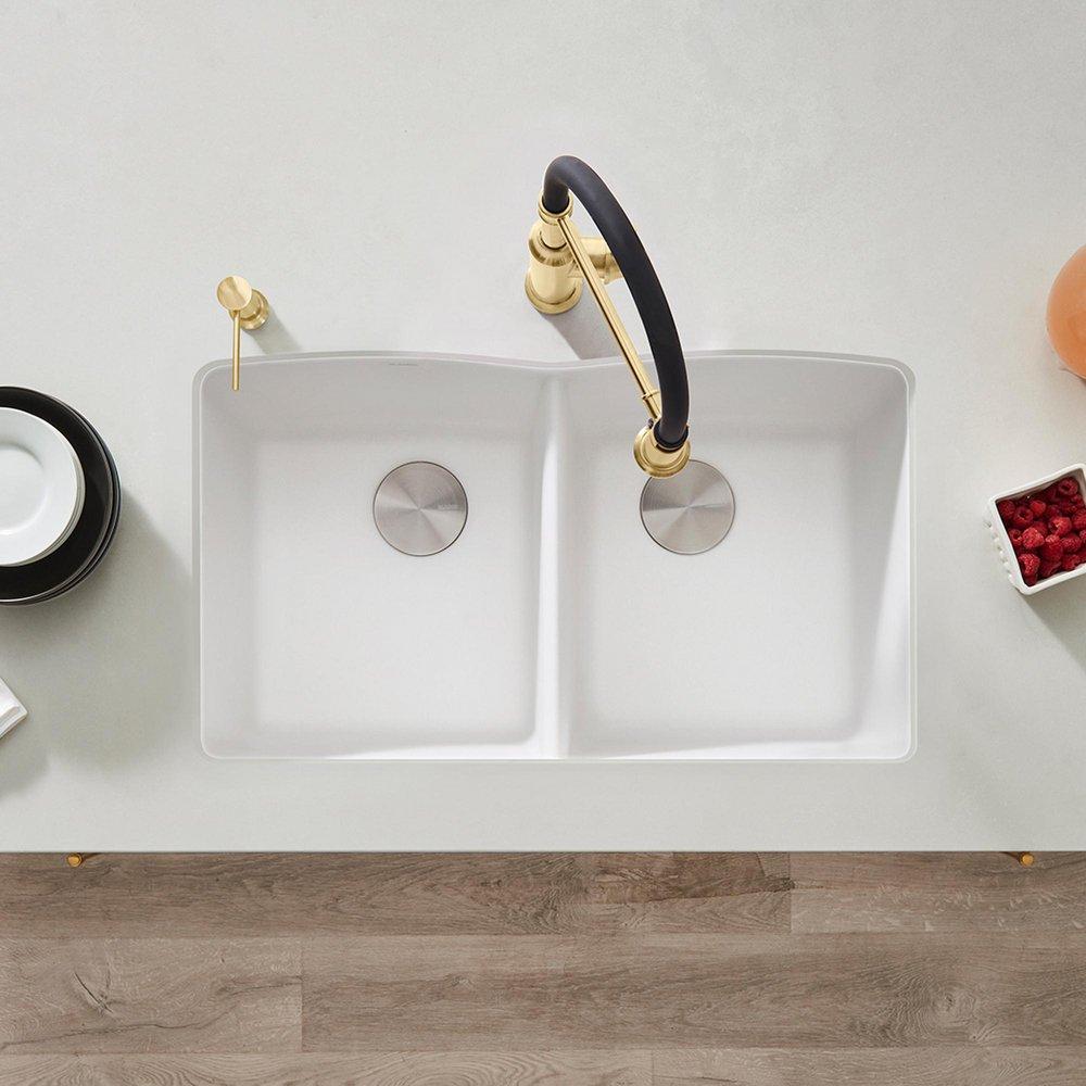 BLANCO White 32 x 19-1/4 in. No Hole Composite Double Bowl Undermount Kitchen Sink 