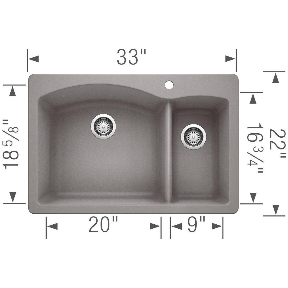 BLANCO Metallic Grey 33 x 22 in. 1 Hole Composite Double Bowl Dual Mount Kitchen Sink 