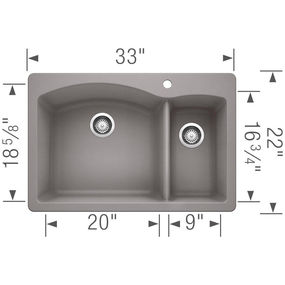 BLANCO Metallic Grey 33 x 22 in. 1 Hole Composite Double Bowl Dual Mount Kitchen Sink 
