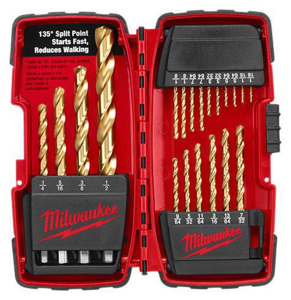Milwaukee® Silver 1/16 x 1/16 in, 5/64 in, 3/32 in, 7/64 in, 1/8 in, 9/64 in, 5/32 in, 11/64 in, 3/16 in, 13/64 in, 7/32 in, 1/4 in, 5/16 in, 3/8 in, 1/2 in. Round Twist 20 Piece 