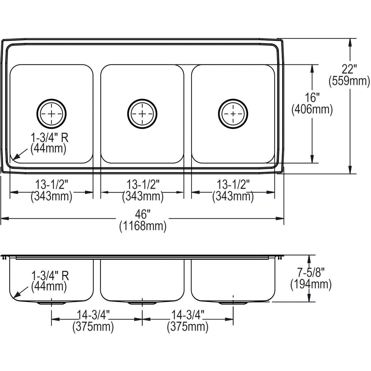 Elkay Lustrous Satin 46 x 22 in. Stainless Steel Triple Bowl Drop-in Kitchen Sink in Lustrous Satin 