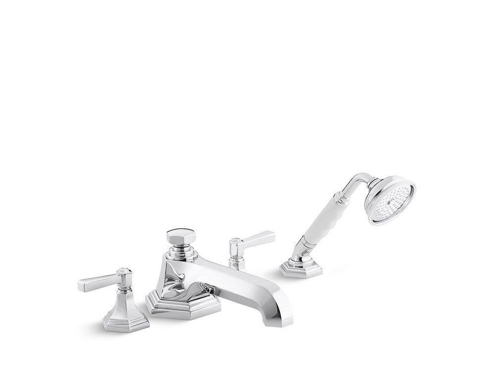 Kallista Nickel Silver 2.5 gpm 4 Hole Deck Mount Roman Tub Faucet with Handshower with Double Lever Handle 
