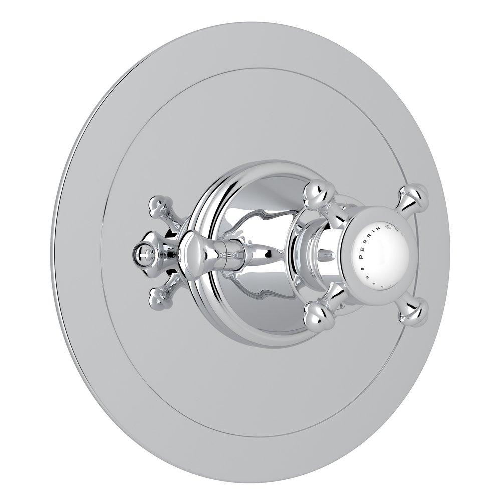 Perrin & Rowe&reg; Polished Chrome Single Cross Handle Round Thermostatic Trim Plate 