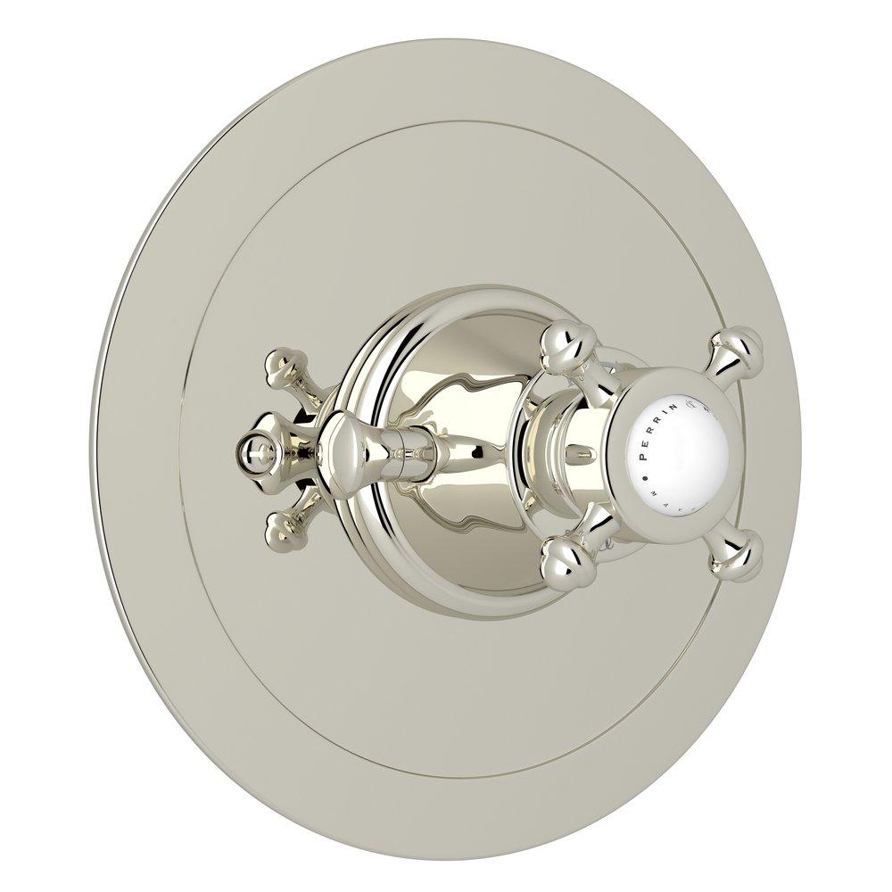 Perrin & Rowe Polished Nickel Single Cross Handle Round Thermostatic Trim Plate 