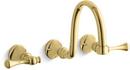 3-Hole Wall Mount Lavatory Faucet with Double Lever Handle in Vibrant Polished Brass