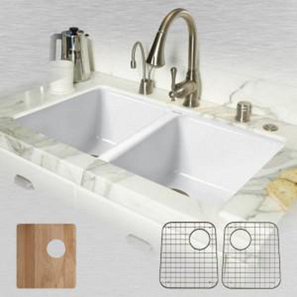Commercial Enameling White 33 x 19-1/2 in. No Hole Cast Iron Double Bowl Undermount Kitchen Sink 