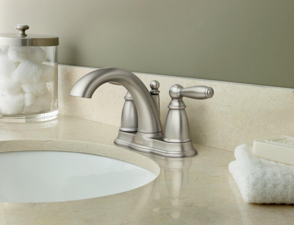 Moen Brushed Nickel Two Handle Centerset Bathroom Sink Faucet with Pop-Up Drain Assembly 