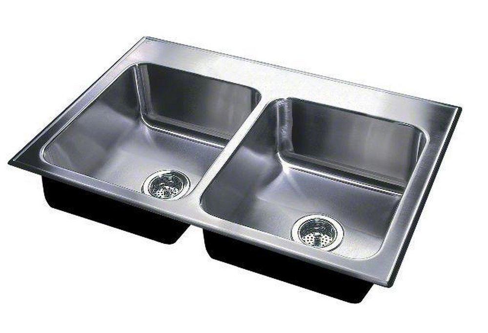 Just Manufacturing Satin 33 x 19 in. 3 Hole Stainless Steel Double Bowl Drop-in Kitchen Sink in No. 4 