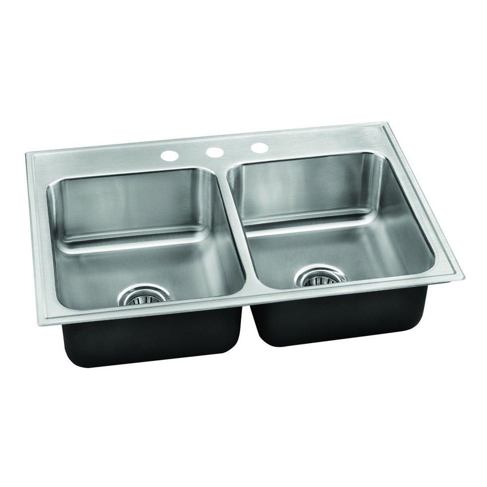 Just Manufacturing Satin 33 x 19 in. Stainless Steel Double Bowl Drop-in Kitchen Sink in No. 4 