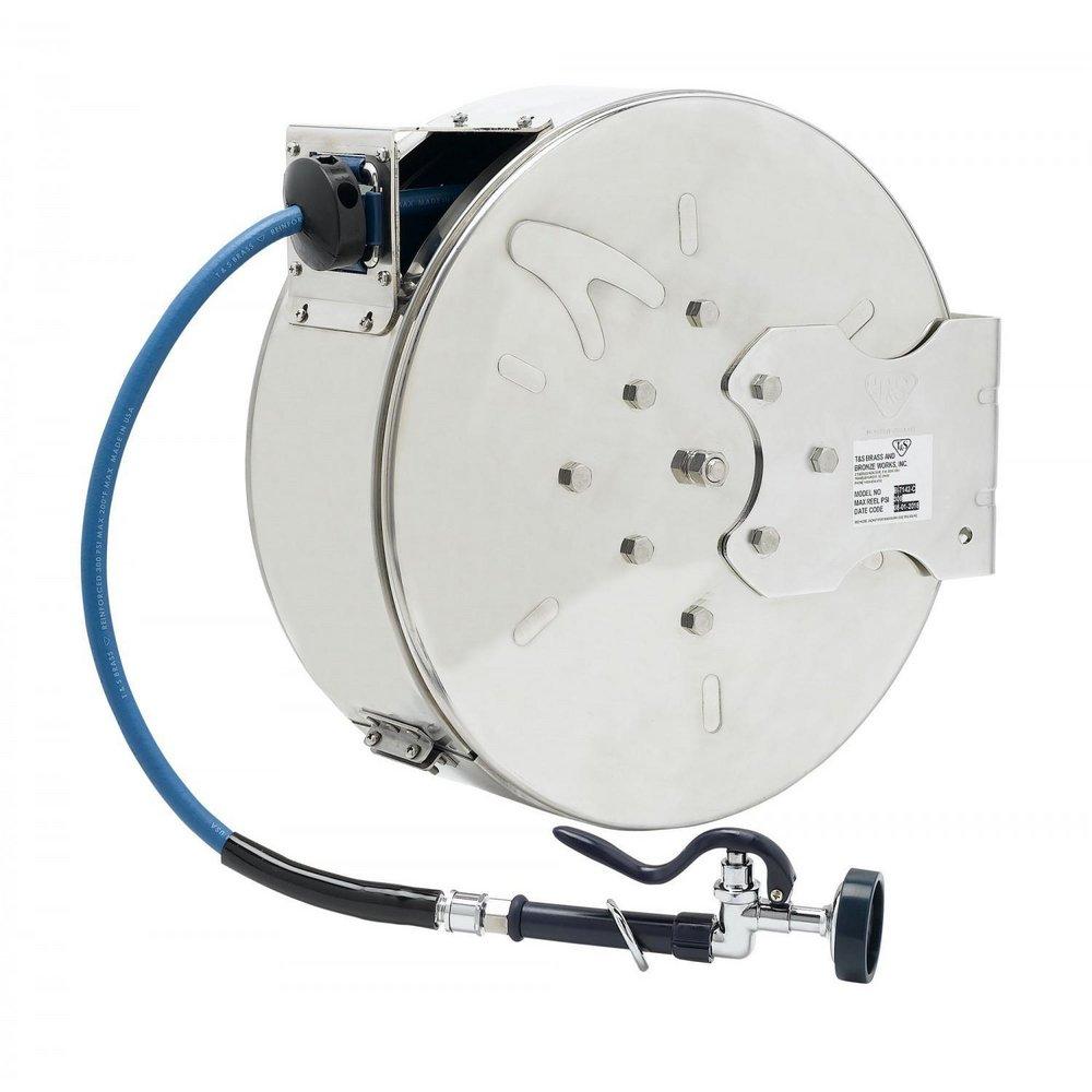 T&S Brass Stainless Steel 3/8 in. Enclosed Hose Reel with Spray Valve in Stainless Steel with Blue 