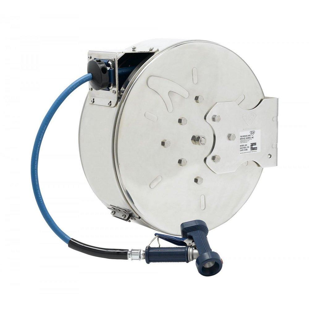 T&S Brass Stainless Steel 3/8 in. Enclosed Hose Reel with Rear Trigger Water Gun in Stainless Steel with Blue 
