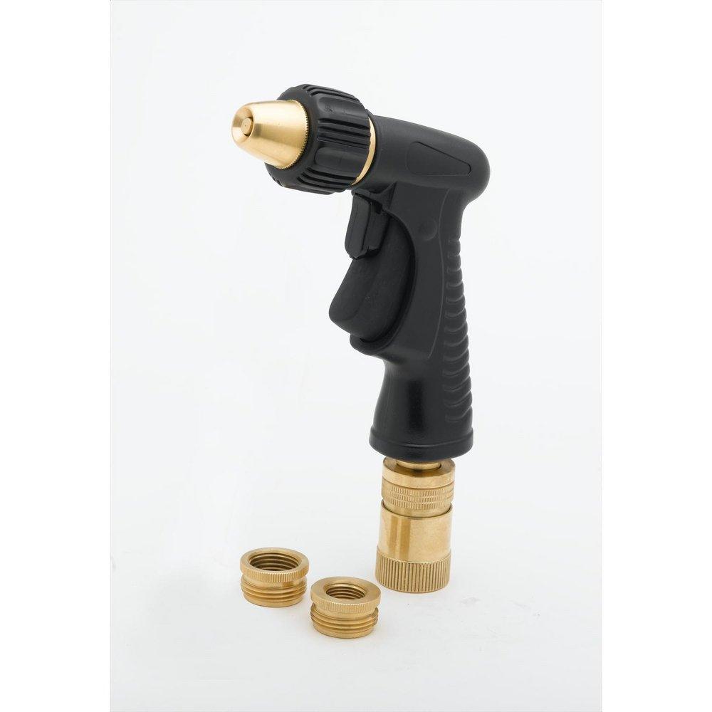 T&S Brass Garden Hose Brass Water Gun with Nozzle Adjustment, Trigger Lock and Quick Disconnect Adapter 