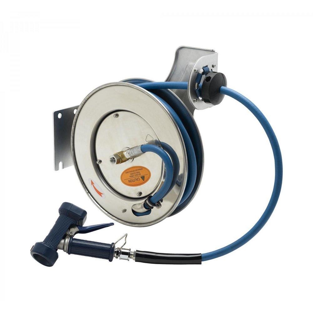 T&S Brass Stainless Steel 3/8 in. Hose Reel with Rear Trigger Water Gun in Stainless Steel with Blue 