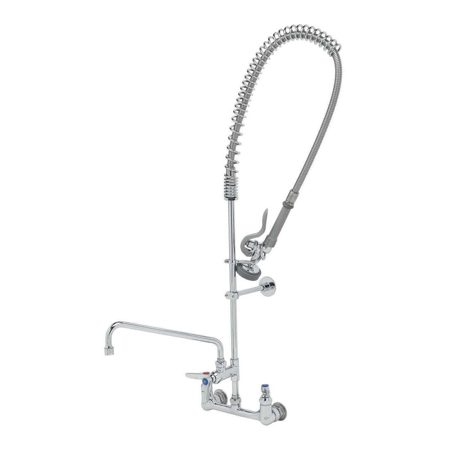 T&S Brass Chrome Plated 2-Hole Wall Mount Pre-Rinse Spring Commercial Faucet with Double Lever Handle 