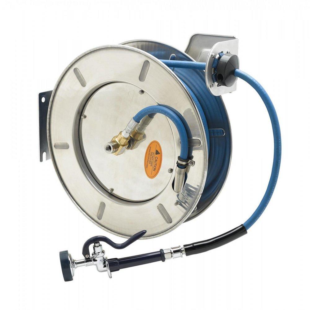 T&S Brass Stainless Steel 3/8 in. Open Hose Reel with Spray Valve in Stainless Steel with Blue 