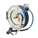 T&S Brass Stainless Steel 3/8 in. Open Hose Reel with Front Trigger Water Gun in Stainless Steel with Blue 