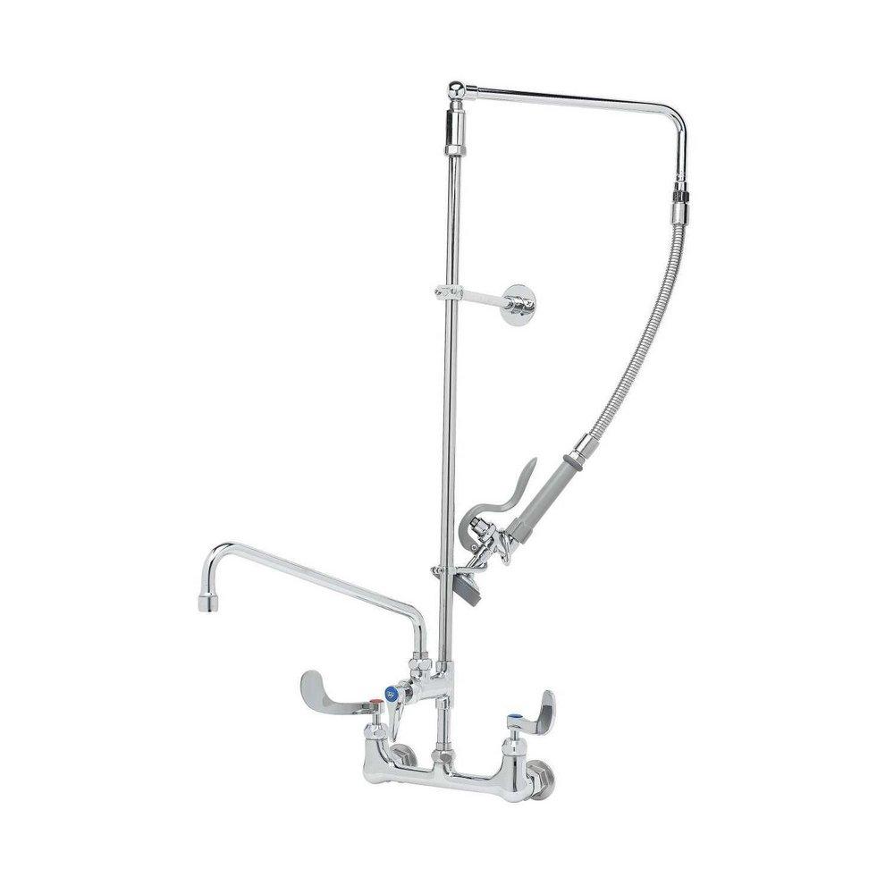 T&S Brass Polished Chrome 4-Hole Wall Mount Pre-Rinse Unit with Double Lever Handle and Overhead Swivel Arm 
