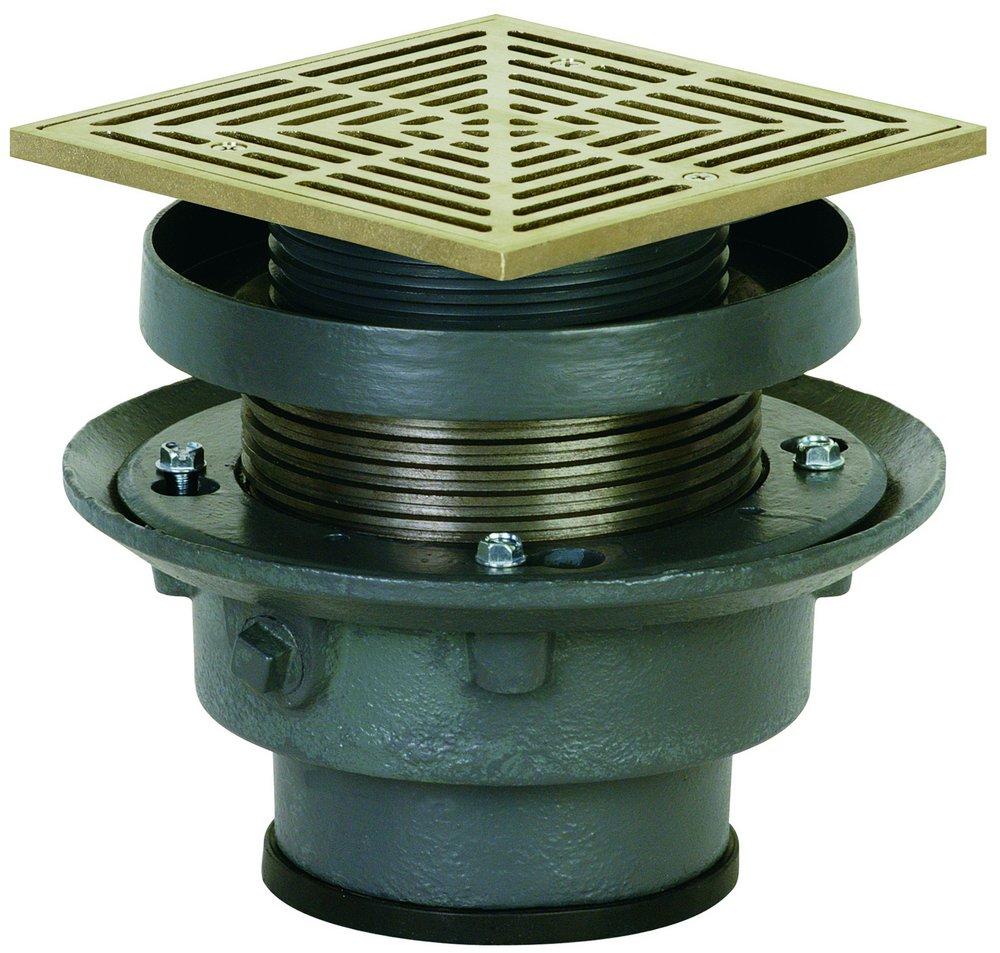 Sioux Chief Push Joint Cast Iron Floor Drain Assembly with 7 in. Square Nickel Bronze Grate and Ring and Strainer 