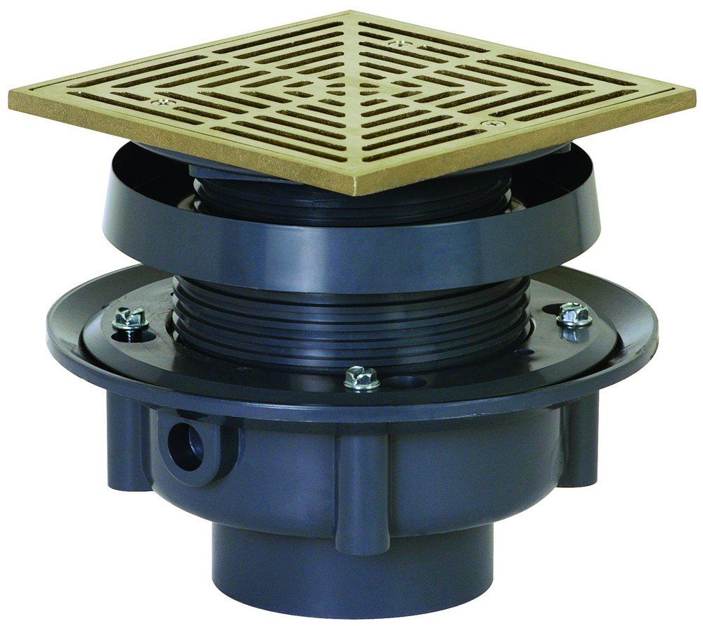 Sioux Chief Hub PVC Floor Drain Assembly with 6-1/2 in. Square Nickel Bronze Grate and Ring and Strainer 